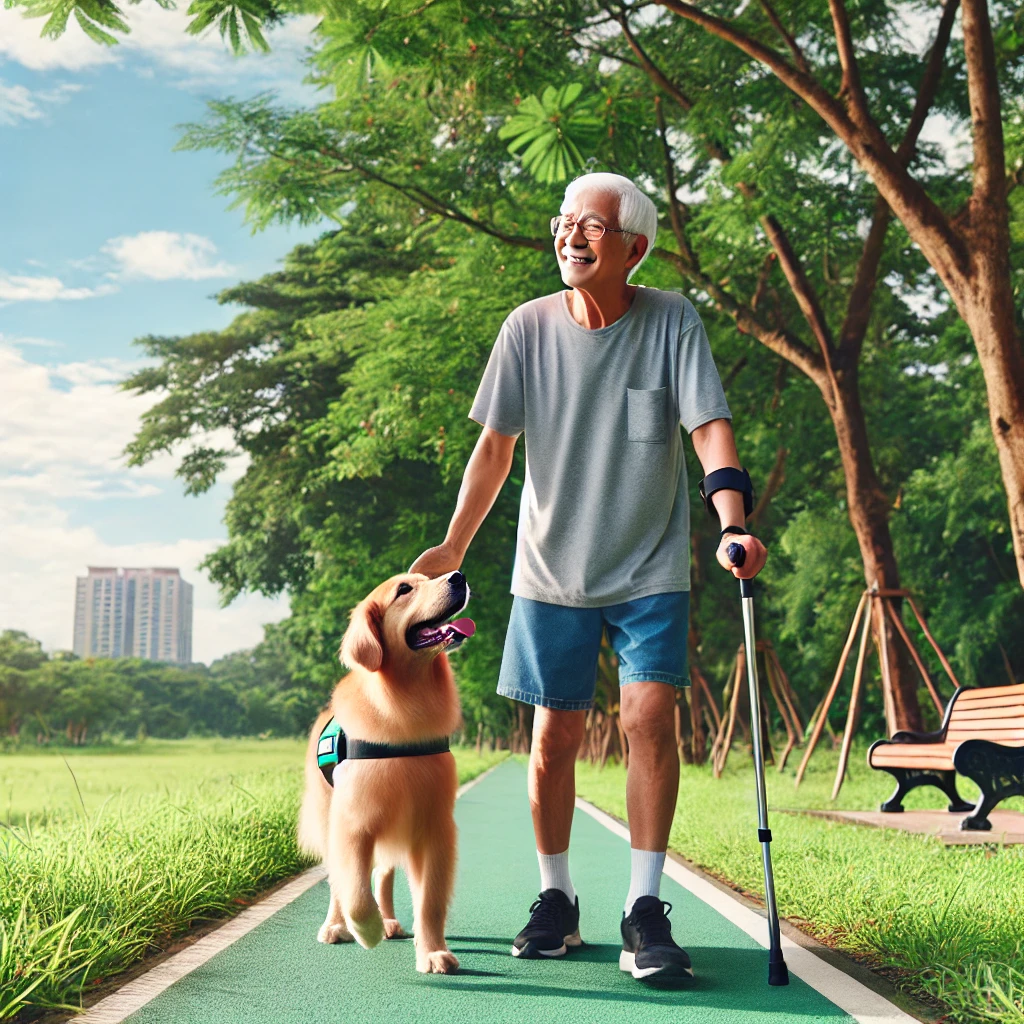 An elderly person in a park engaging in physical activity with a service dog, demonstrating the physical health benefits of therapeutic dog companionship.