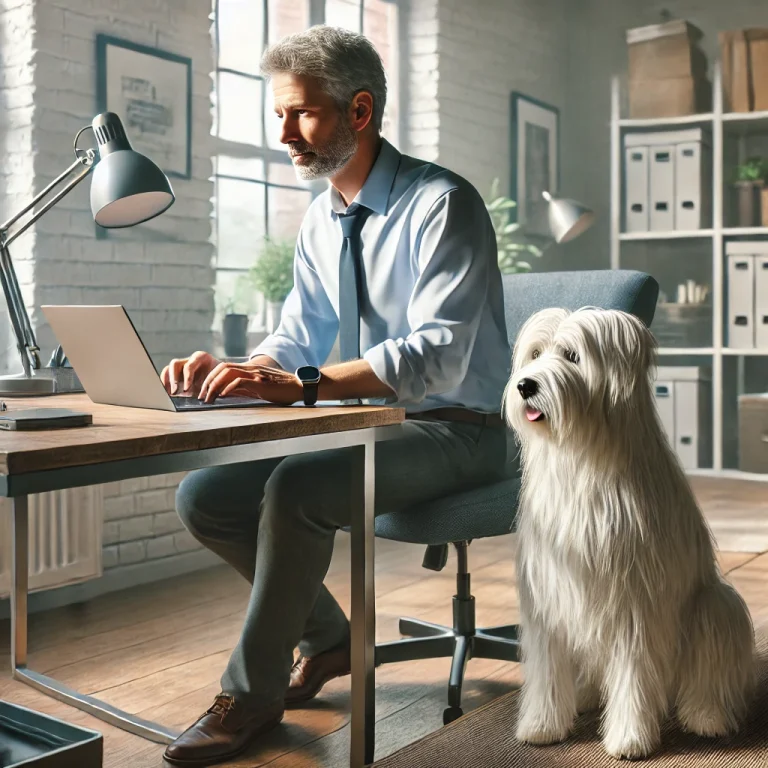 Chris, a man in his late 50s, working at his desk in a home office with his thin white medium long-haired service dog, Sasha, sitting attentively beside him.