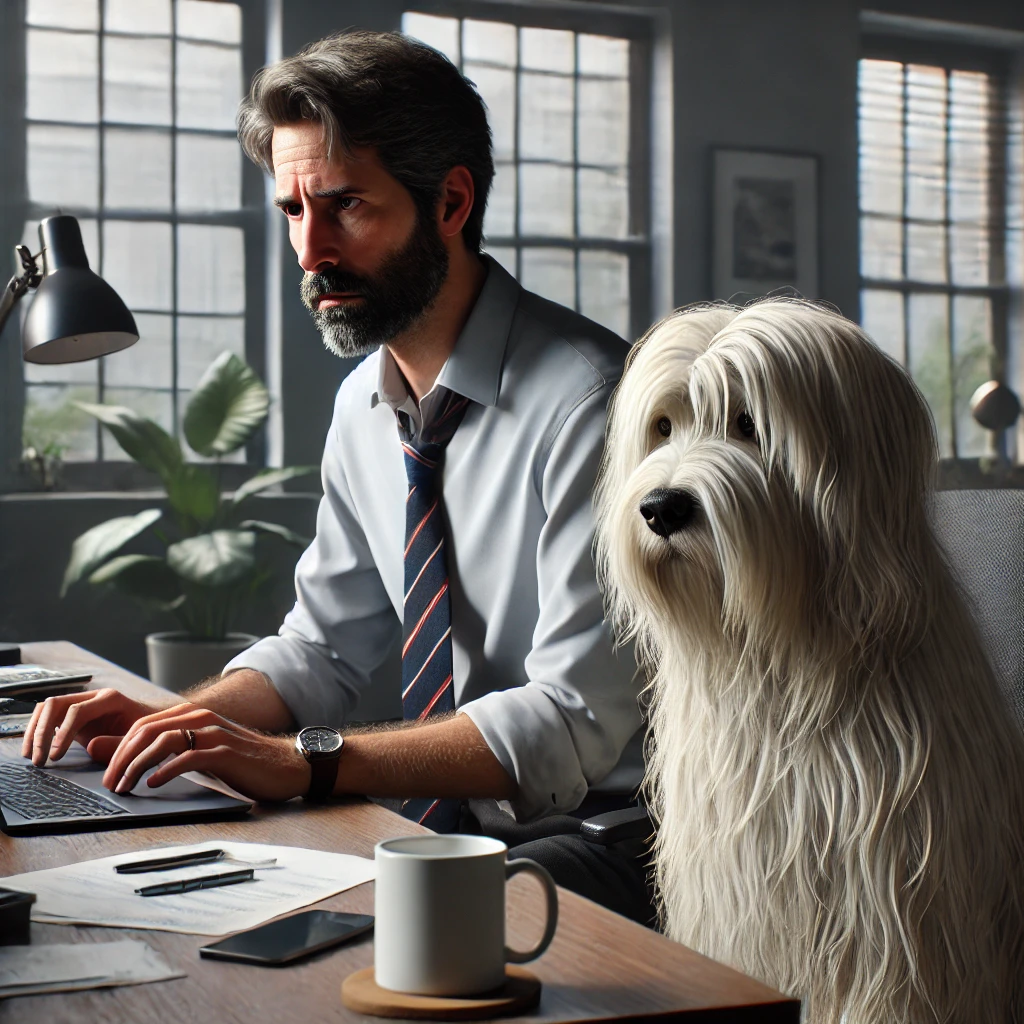 Chris, a man in his late 50s, sitting at his desk in a home office, looking stressed while working on his laptop. His thin white medium long-haired service dog, Sasha, sits beside him, providing comfort.