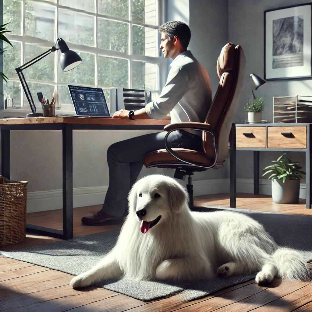 Chris, a man in his late 50s, working calmly at his desk in a well-organized home office with his white medium long-haired service dog, Sasha, lying peacefully beside him.