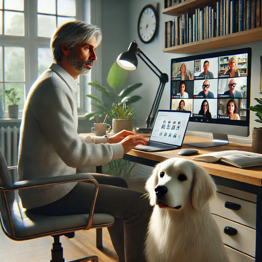 A man in his late 50s, sitting with his thin white medium long-haired service dog, Sasha, in a home office setting, engaging with an online community on his laptop.