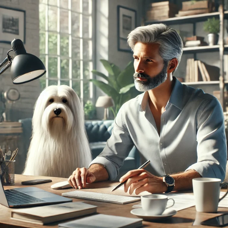 Chris, a man in his late 50s, working confidently at his desk in a well-organized home office with his thin white medium long-haired service dog, Sasha, sitting attentively beside him.