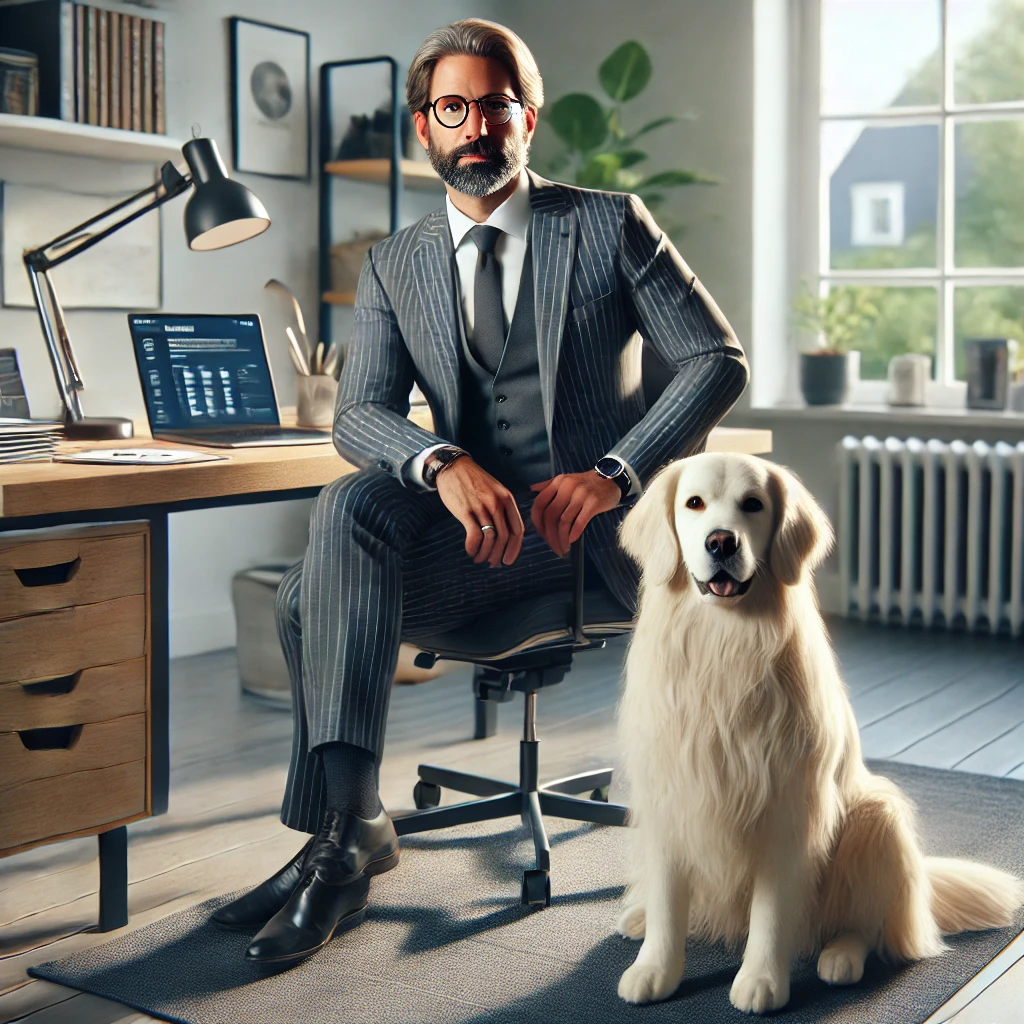 Chris, a man in his late 50s, sits confidently at his home office desk with his thin white medium long-haired service dog, Sasha, beside him.