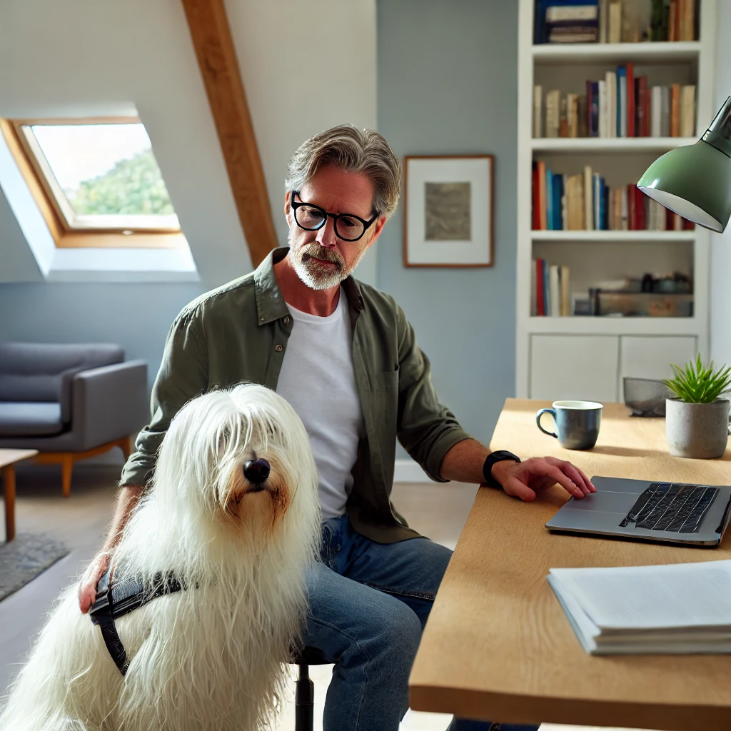 Chris, a man in his late 50s, sitting comfortably in his home office with his thin white medium long-haired service dog, Sasha, by his side.