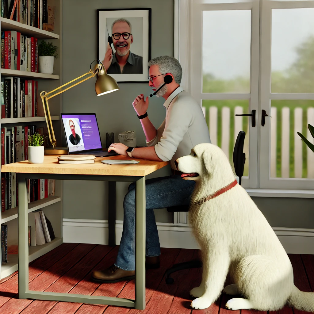 Chris, a man in his late 50s, sitting at his home office desk, interacting with an online community on his laptop. His thin white medium long-haired service dog, Sasha, is beside him. The office is well-organized with bookshelves, plants, and a window letting in natural light.