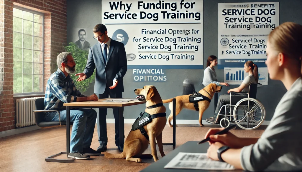 A person with a disability discussing funding options with a financial advisor, with service dogs being trained in the background.