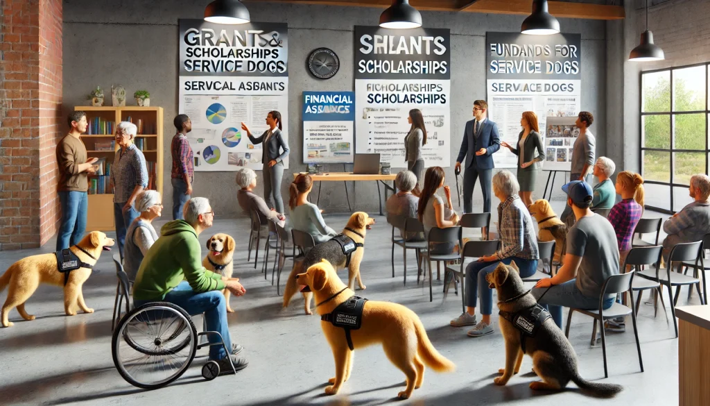 A diverse group of people in a community center learning about financial assistance for service dogs, with a financial advisor presenting information and service dogs interacting with people in the background.