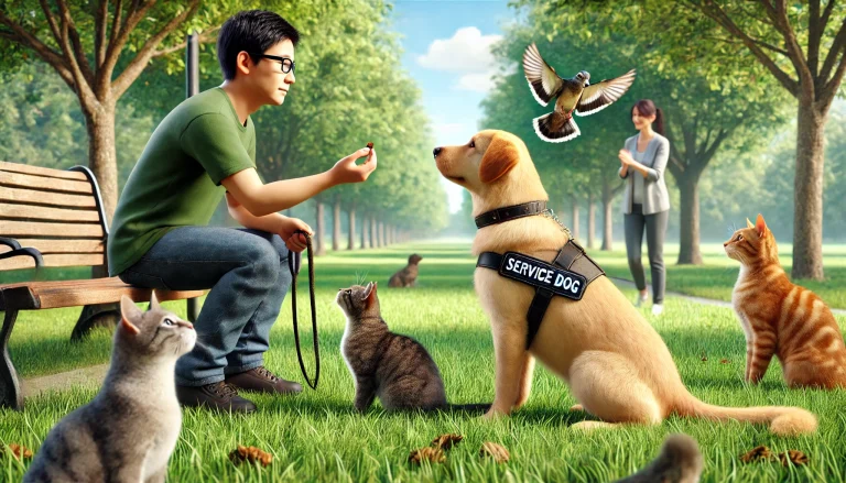 A Labrador Retriever service dog in a park, calmly ignoring a cat and a squirrel, focused on its handler who is rewarding it with treats and praise.