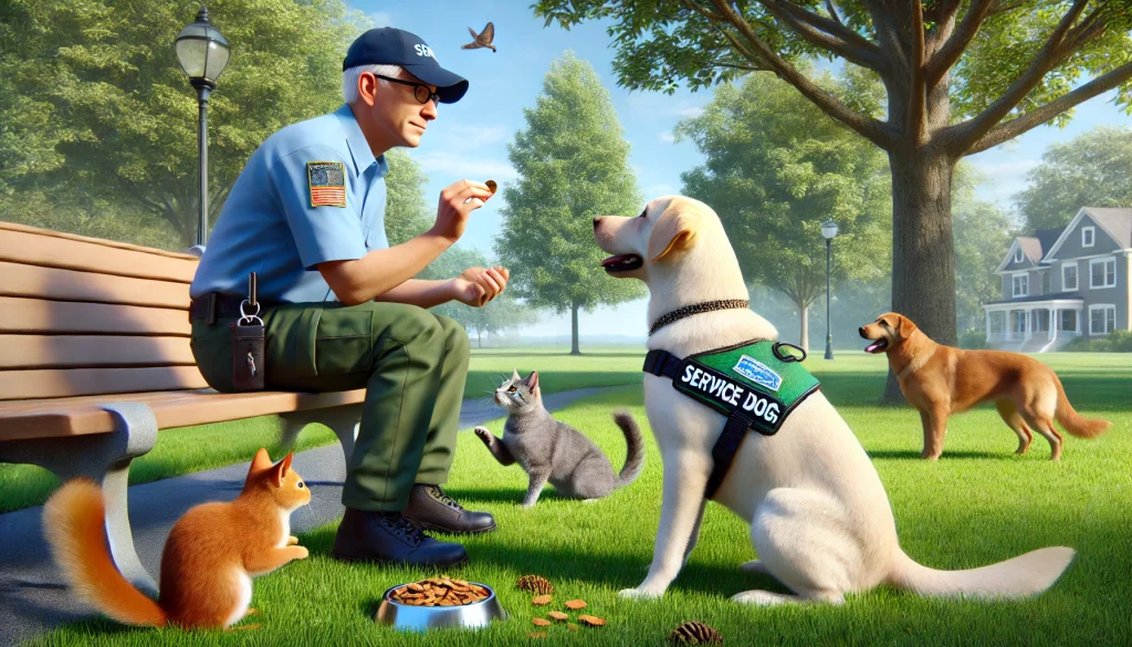 A Labrador Retriever service dog focused on its handler, ignoring a nearby cat and squirrel in a park. The handler is rewarding the dog with treats and praise.