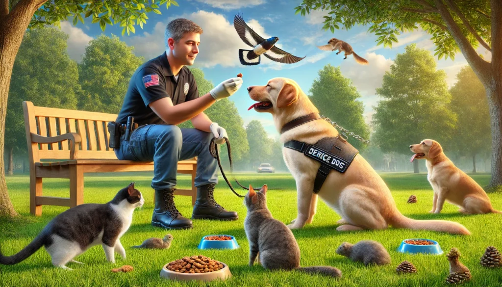 A Labrador Retriever being calmly exposed to a cat and a squirrel in a park under the supervision of a handler using treats and positive reinforcement.