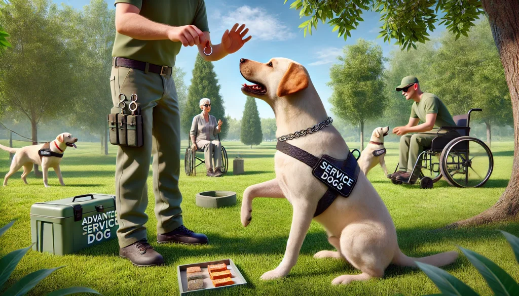 A Labrador Retriever service dog performing advanced tasks in a park, including opening doors and retrieving items, under the supervision of a handler.