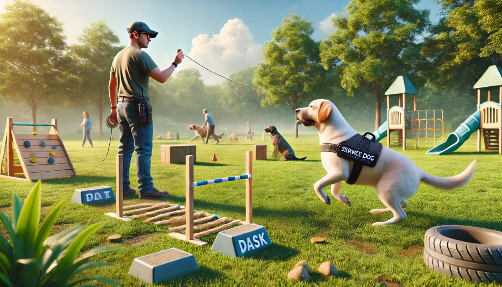 A Labrador Retriever practicing advanced obedience commands, navigating an obstacle course, and performing scent training in a park under a handler's supervision.