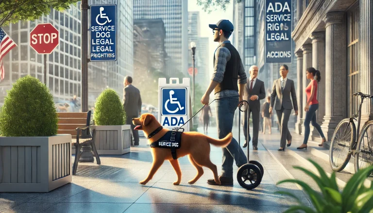 A service dog and its handler confidently navigating a city street, highlighting accessibility and legal protections.