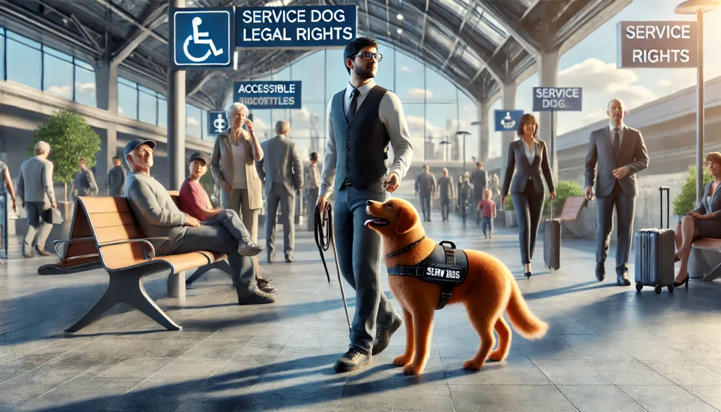 A service dog and its handler confidently navigating a public space, highlighting service dog legal rights with accessible facilities in the background.