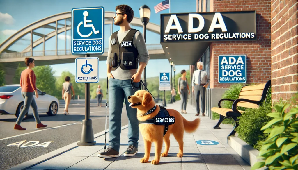  service dog and its handler navigating a public space, with ADA-compliant signs, ramps, and accessible facilities in the background.