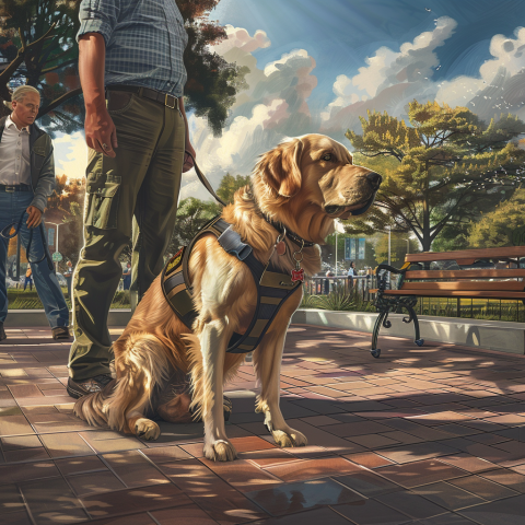 A service dog wearing a vest sits beside its handler in a park, showcasing its ability to guide and support individuals with disabilities.