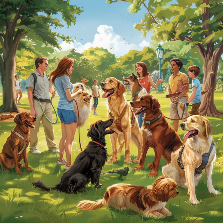 A group of service dog breeds, including Labrador Retrievers, Golden Retrievers, Poodles, German Shepherds, and more, in a park with people.